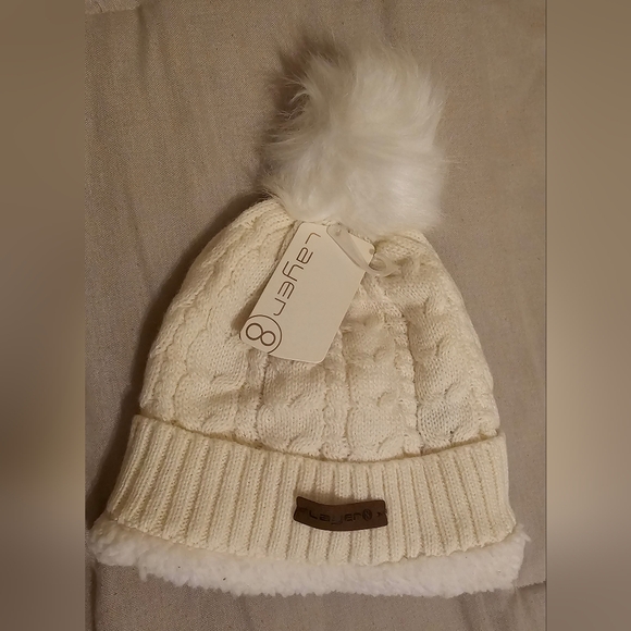 Layer 8 Accessories - Layer 8 Cream Cable Knit Pom Pom Beanie Adult One Size Fits All NWT